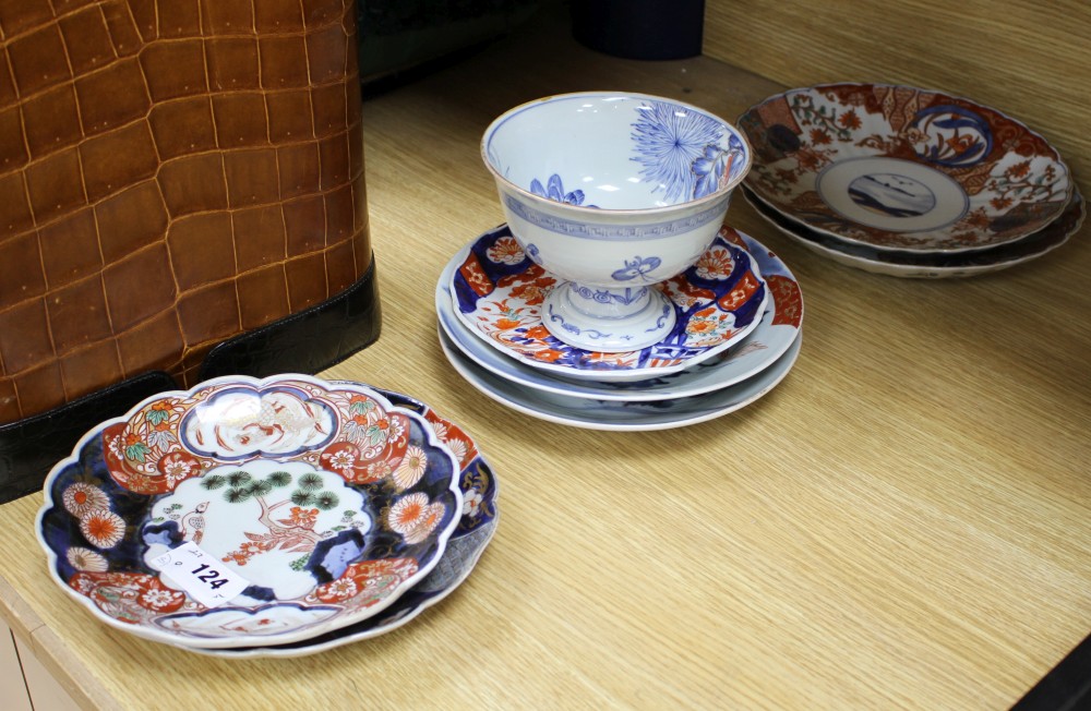 Seven Japanese Imari dishes and a stem bowl, Meiji period